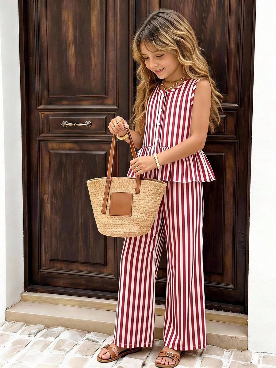 SHEIN Tween Girl Striped Ruffle Hem Sleeveless Top And Pants 2 Pieces Set - Multicolor - View 1