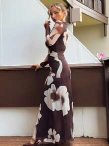 Jeta Ari Gaun Pesta Lengan Panjang Bermotif Bunga Jala Hitam Model Pas Badan untuk Musim Gugur/Dingin Terbaru yang Elegan - Chocolate Brown - View 3