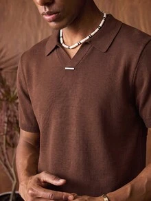 AKNOTIC Men's Solid Color Collared Short Sleeve Casual Knit Top - Coffee Brown - View 2