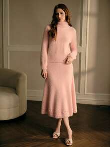 MOTF PREMIUM WOMEN SOLID FLUFFY KNIT SWEATER & FAUX PEARLS MERMAID SKIRT SET - Pink - View 5