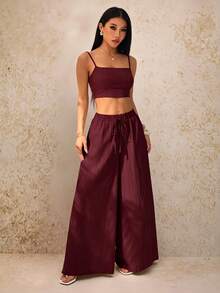 SHEIN PETITE New Spring/Summer Vacation Casual Fishbone Strap Top And Wide Leg Long Pants With Pockets 2 Pieces Set Textured Fabric Outfit - B - Burgundy - View 5