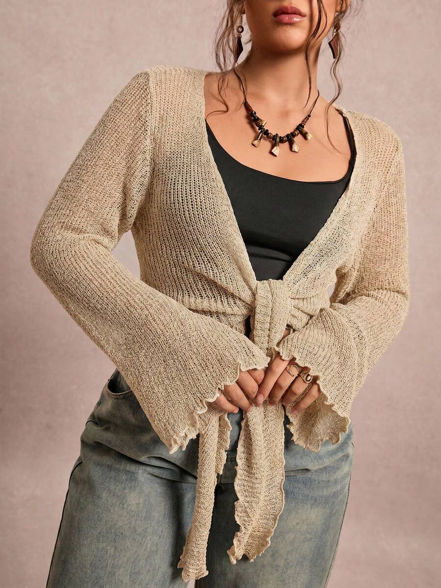 Freevana Plus Size Women's Lace-Up Ruffle Cuff Knit Cardigan Fall - Apricot - View 1
