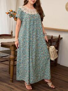 Lacomfia Floral Print Patchwork Collar Casual Loose Comfortable Short Sleeve Round Neck Plus Size Dress - Green - View 3