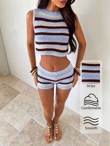 Aloruh Y2K Street Style Vintage Women's Autumn/Winter Striped Knit Tank Top And Knit Shorts Set - Blue - View 7