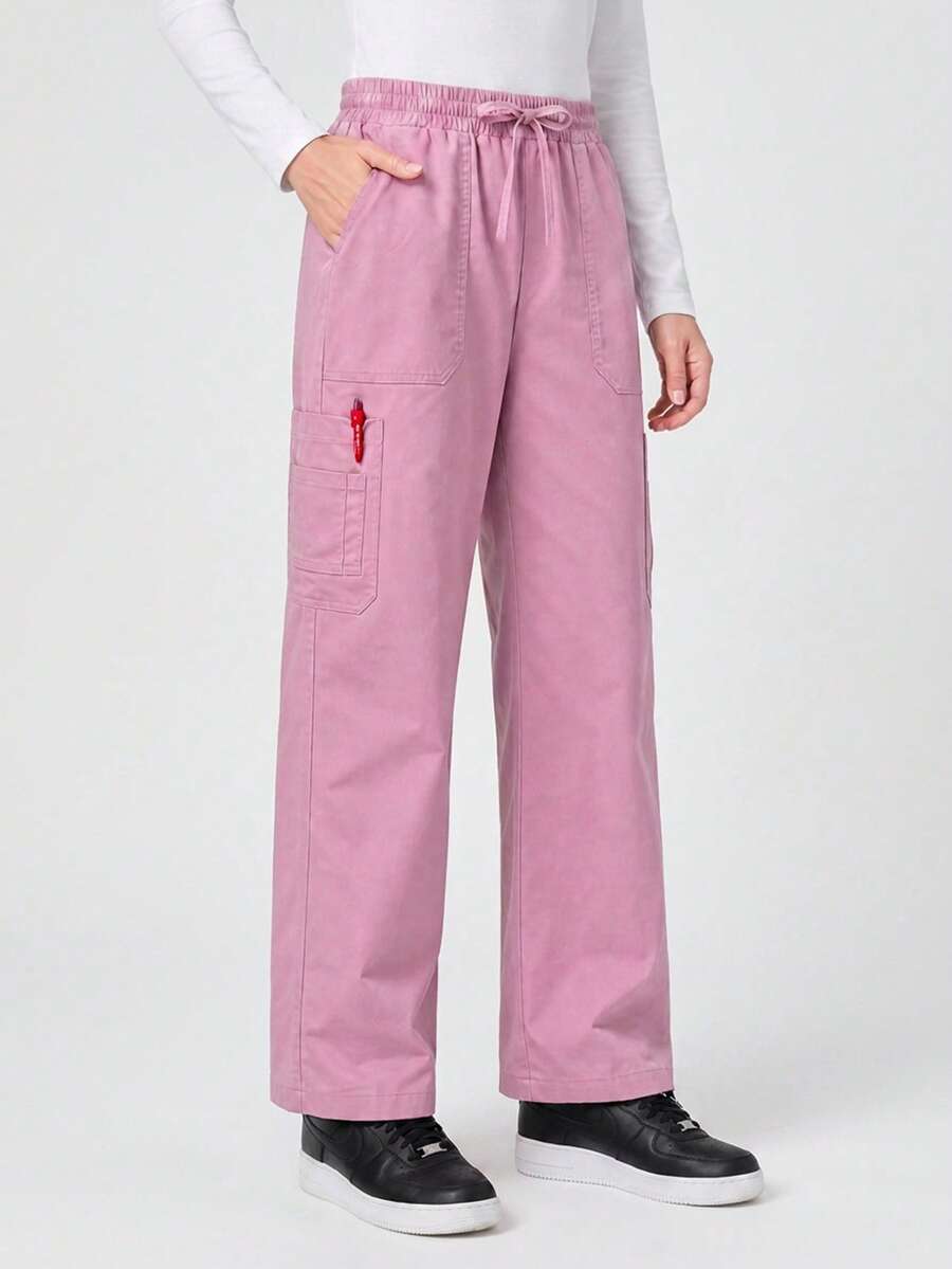 TaskEZ Pink 8-Pocket Convenient Straight Leg Minimalist Elegant Scrub Pants