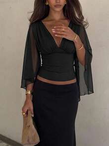 Siren Gaze Women's Solid Color Deep V-Neck Pleated Slim Fit Versatile Daily Casual Blouse - Black - View 1