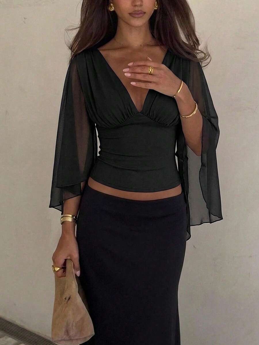 Siren Gaze Women's Solid Color Deep V-Neck Pleated Slim Fit Versatile Daily Casual Blouse - Black - View 1
