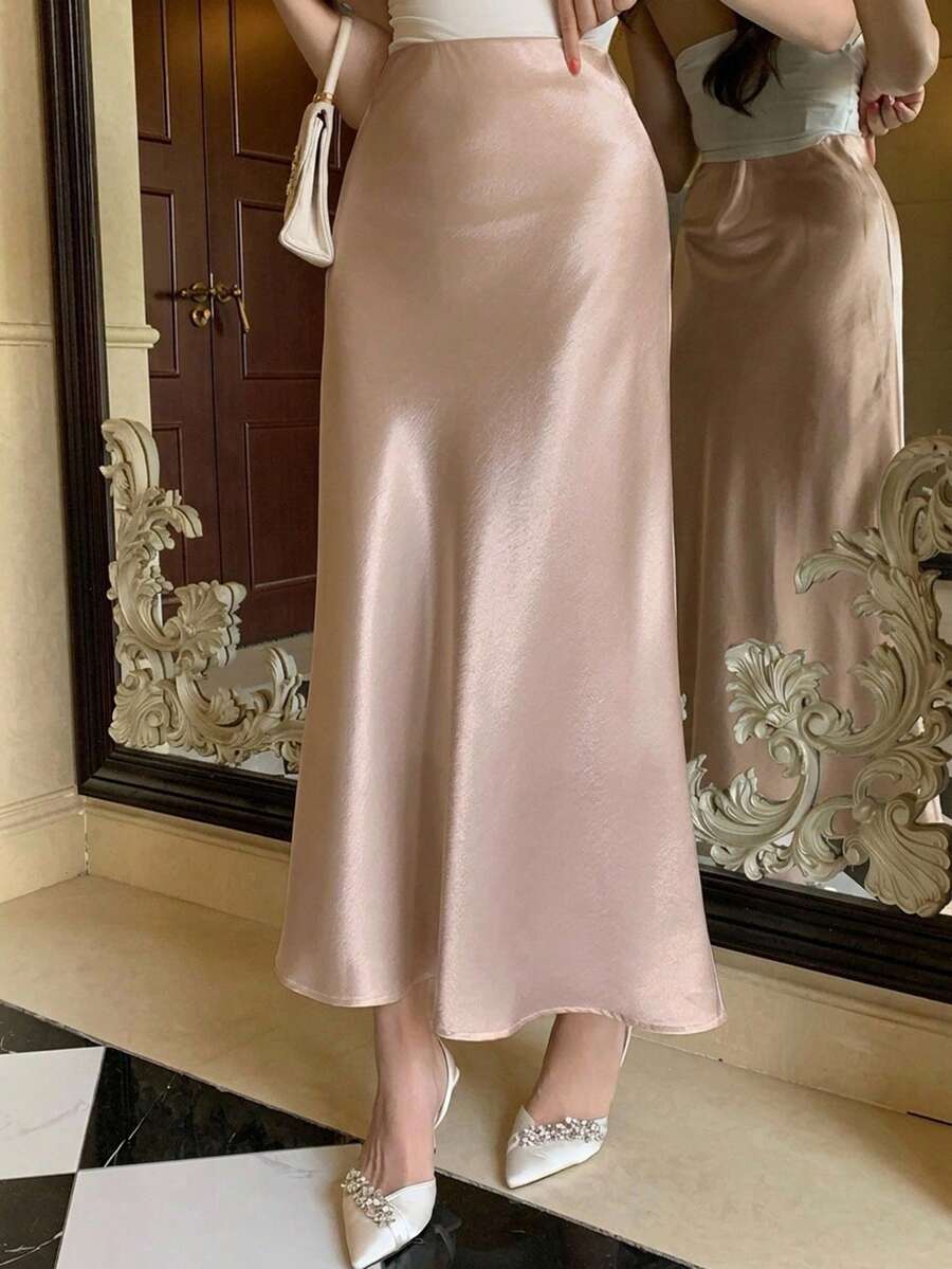 DAZY 春夏新款優雅純色緞面A字女款中長裙 - 杏色 - 查看 1