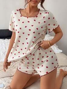 Napfluff Women's All-Over Print Short Sleeve Top And Shorts Casual Daily Home Sleepwear Set - Apricot - View 4