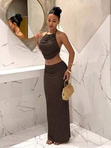 Slaydiva Women's Solid Color Pleated Cropped Halter Top And Skirt Slim Fit Vacation Two Pieces Set - Rust Brown - View 3