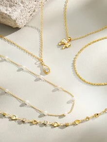 Opalesca 5pcs Y-Shaped Necklace Set, Fashion Minimalist Elegant Vintage Design With Bow, Water Drop, Heart, Rhinestone, Faux Pearl, Tassel Pendant, Y-Necklace - Yellow Gold - View 6