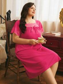 Côtesoire Comfortable Knitted Ribbed Casual Home Lace Patchwork Minimalist Long Loose Plus Size Nightgown - Hot Pink - View 4
