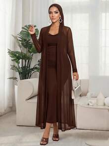 SHEIN Lady 2025新款四季通用棕色套裝長袖長袍 & V領洋裝 優雅兩件組 女款秋季派對洋裝套裝 萬聖節夏季女裝 - 摩卡棕 - 查看 6
