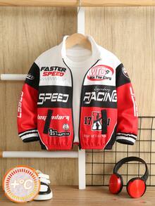 Kids Young Boy Autumn/Winter Street Style Versatile Colorblock Sporty Letter Print Stand Collar Jacket Boys Racing Jacket Coat Red Jacket - Multicolor - View 1