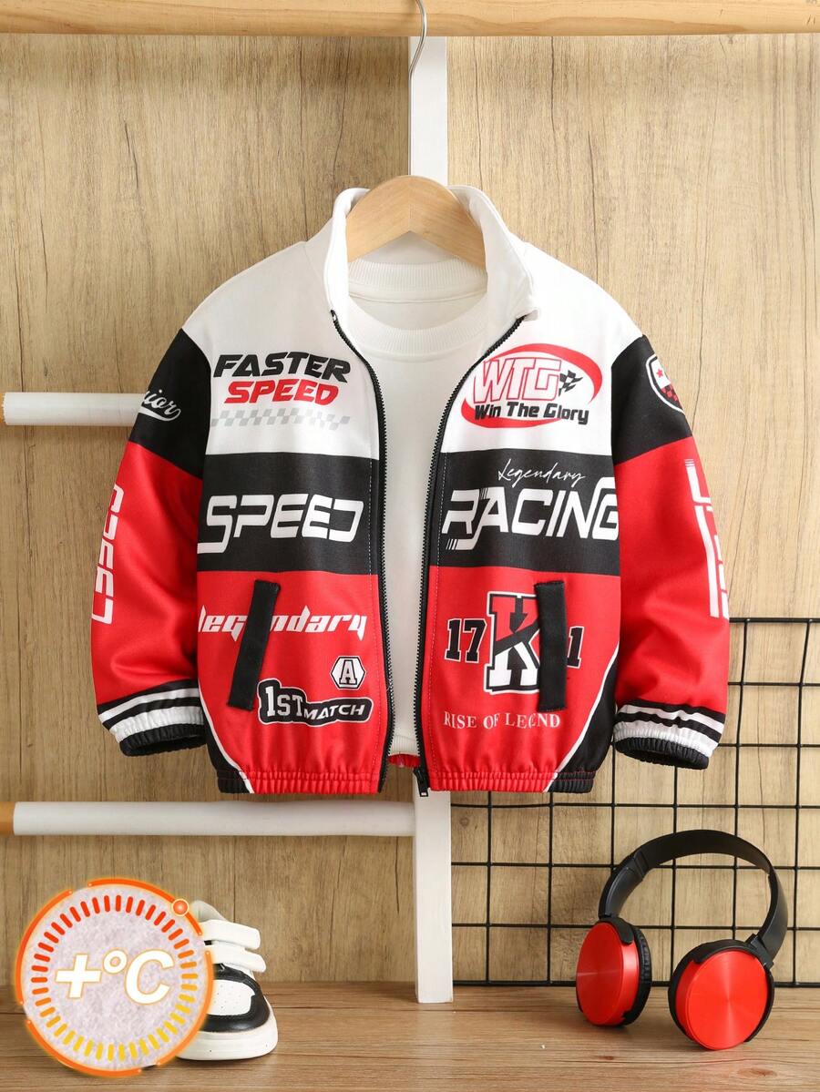 Kids Young Boy Autumn/Winter Street Style Versatile Colorblock Sporty Letter Print Stand Collar Jacket Boys Racing Jacket Coat Red Jacket - Multicolor - View 1