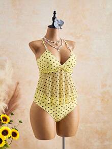 Swim Vcay 女款夏季海灘休閒度假黑色波點印花串珠裝飾背心比基尼套裝 - 淡黃色 - 查看 5