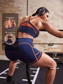Powerista Conjunto de sujetador deportivo sin costuras azul marino & naranja con costuras de contraste + shorts deportivos ajustados para mujer - Azul Marino - Ver 3
