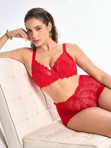 Slumbrini 1件女款大尺碼蕾絲拼接舒適鋼圈內衣 紅色 - 紅色 - 查看 3