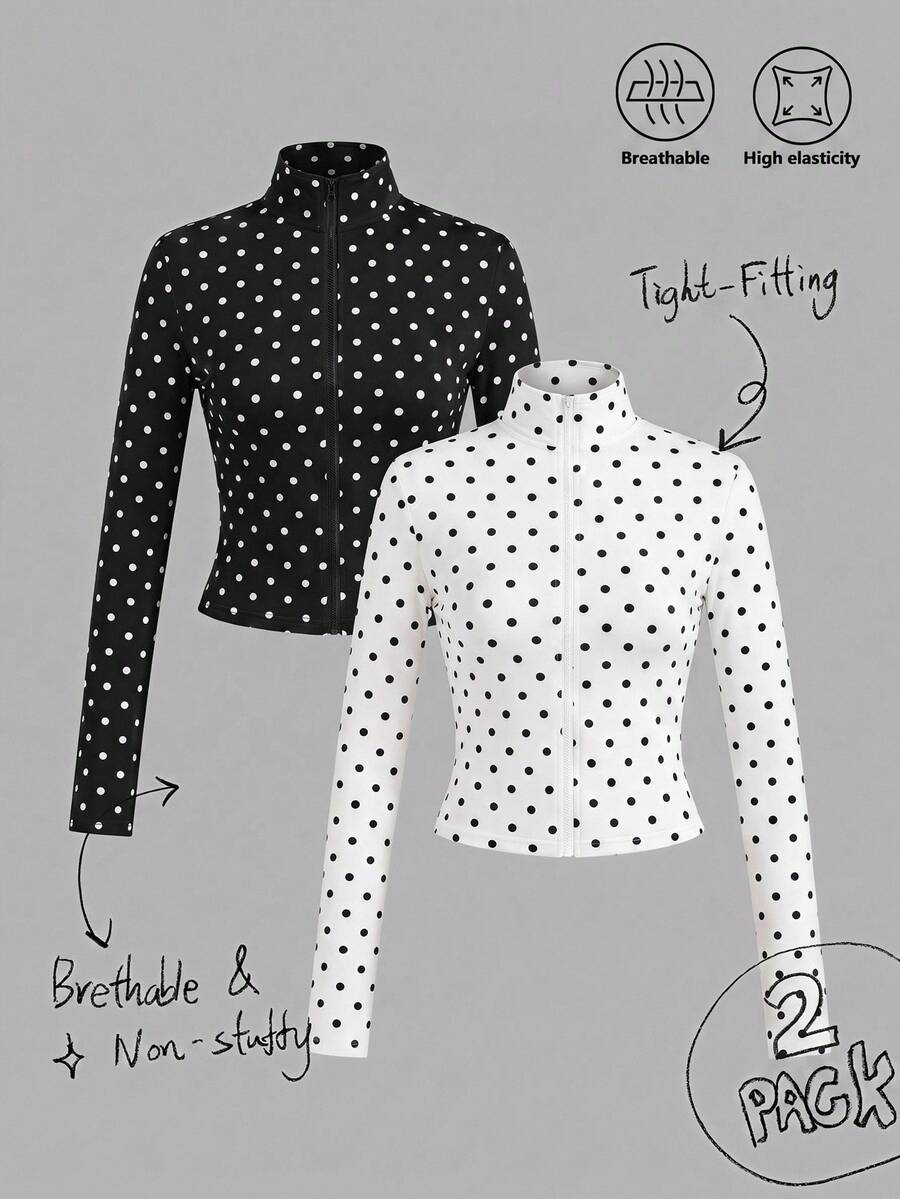 SHEIN EZwear 2件裝波點黑白針織拉鍊長袖女款T恤,秋季上衣,適合日常通勤、約會、聚會,適用秋冬夏季、聖誕節、新年、時尚優雅休閒、外出、約會、通勤、亮眼、情人節、度假、Y2K、畢業典禮等場合 - 彩色 - 查看 1
