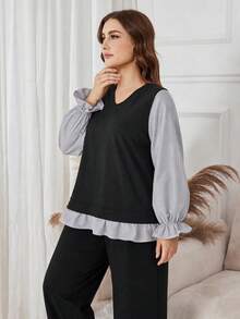 Lacomfia Autumn/Winter Elegant Loose Versatile V-Neck Pullover Floral Sleeve Patchwork Waist-Cinched Drape Pants Plus Size Women 2-Piece Set - Multicolor - View 5