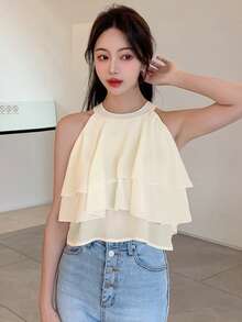 DAZY Solid Layer Ruffle Trim Chiffon Blouse,Crop Tops Women Going Out Tops - Beige - View 4