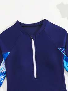 SHEIN Setelan Tankini Anak Perempuan Usia 8-12 Tahun, Warna Biru Tua, Motif Patchwork Daun Tropis, Atasan Lengan Panjang dan Celana Panjang, 2 Potongan, Pakaian Renang Pantai Pelindung Matahari - Navy Blue - View 4