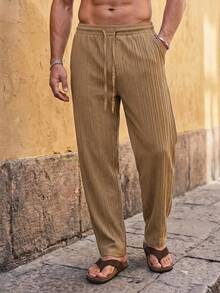HIMLAND Men's Casual Solid Color Drawstring Waist Pants For Vacation - Khaki - View 5