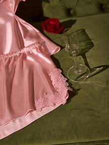 SilkySpell Pink Heavy Lace Sexy Plus Size Faux Silk Pajama Set - Pink - View 5