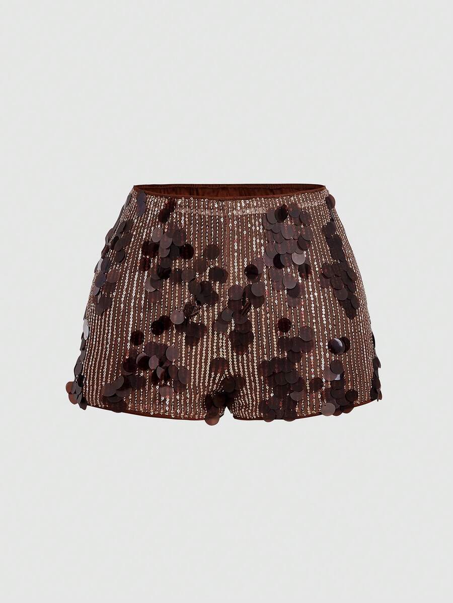 SHEIN MOD 女款時尚派對亮片短褲 - 棕色 - 查看 1