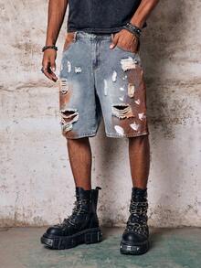 Skyrend Unisex Distressed Painted Denim Shorts Gothic Punk Streetwear For Emo Boy Grunge - Blue - View 5