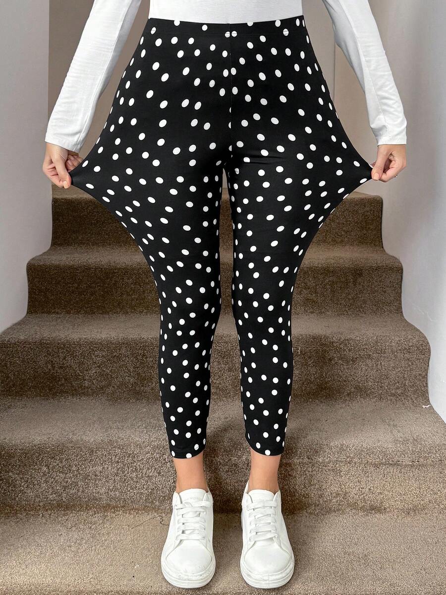 SHEIN LUNE Plus Size Women Polka Dot Casual Versatile Daily Wear Tight Leggings - Black - View 1
