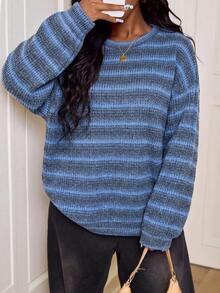 SHEIN PETITE CURVE 大尺碼圓領條紋秋季休閒傳統 Y2K 90年代機場辦公度假 T-shirt - 彩色 - 查看 6
