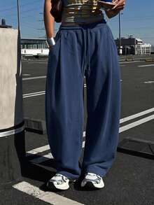 DAZY Solid Color Loose Ruched Sweatpants, Casual Sports Pants For Women, Spring - Blue - View 4