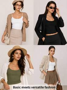 SHEIN BASICS 1件女款純色修身休閒細肩帶背心上衣 白色上衣 - 軍綠色 - 查看 17