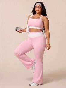 SHEIN Rhythm Era Plus Size Women's Spring/Summer Sports Set, Patchwork Polka Dot Print Sports Bra Removable Padding, Mid-Waist Sports Shorts, Gym Light Pink - Pink - View 3