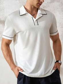 TONEVAULT Men's Casual Button Half Placket Ribbed Short Sleeve Contrast Color T-Shirt - White - View 6