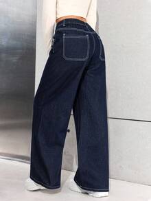 SHEIN 少女海军蓝宽松阔腿牛仔裤 - 黑色 - 查看 2