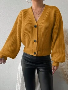 EURMUSE Solid Color Drop Shoulder Cardigan - Mustard Yellow - View 4