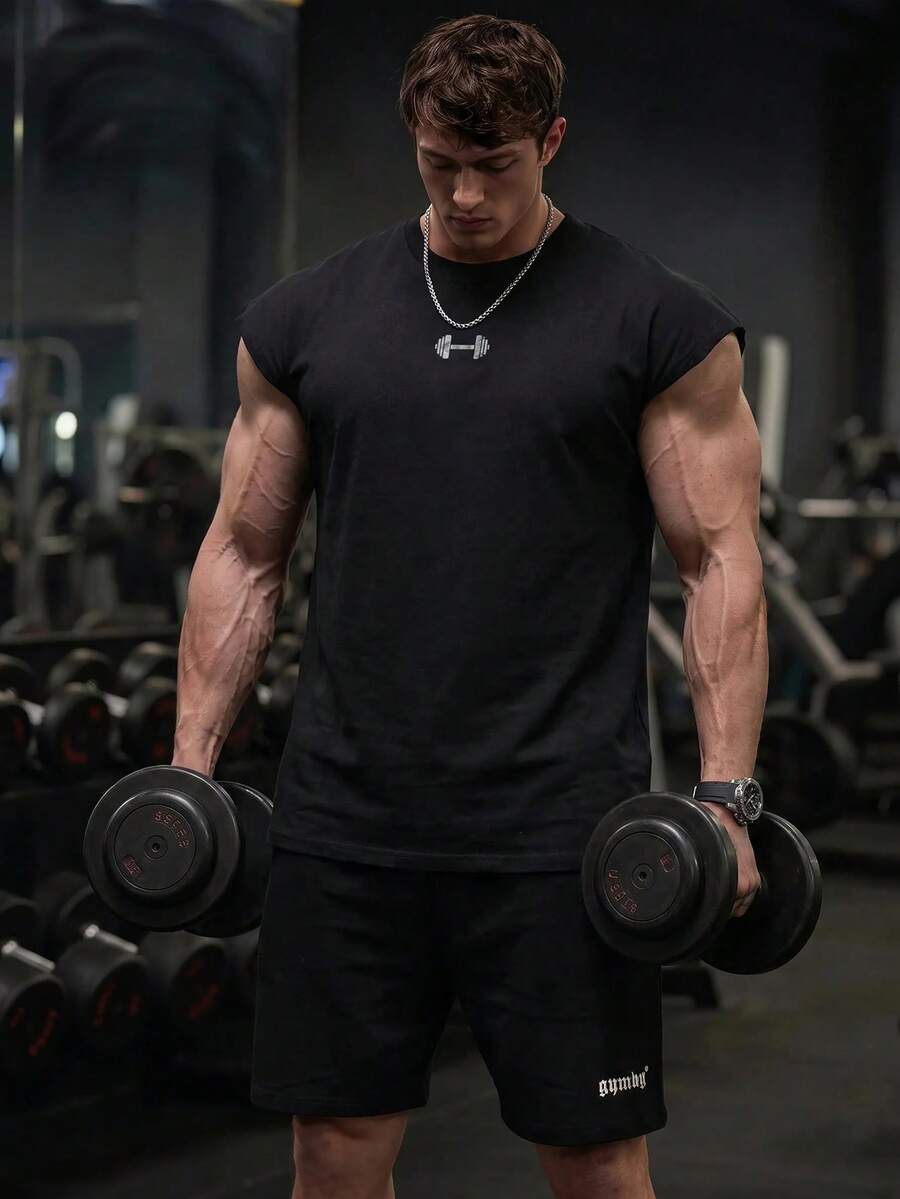 GymBeat 男士休閒運動印花肌肉背心 啞鈴 Logo 夏季健身背心，輕量黑色 - 黑色 - 查看 1