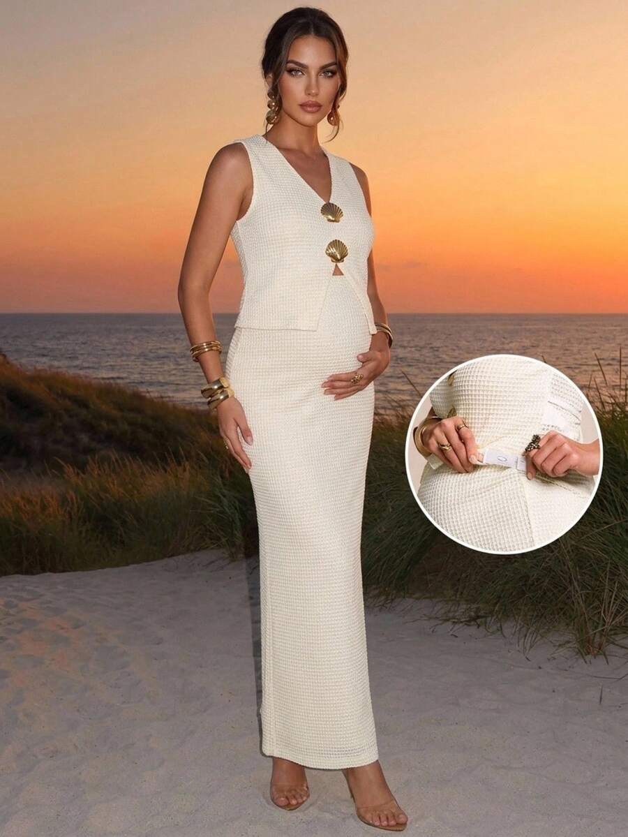 MaterniChic 孕婦夏季休閒純色背心與裙子兩件套拍照裝