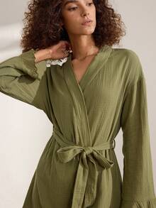 Ocili Comfortable Pure Cotton Soft Mesh Double Layer Robe Women's Loungewear Long Robe With Frill Trim - Dark Green - View 6