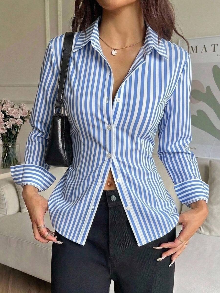 SHEIN EZwear 女款休閒海濱風時尚休閒收腰繫帶長袖條紋襯衫,秋冬服飾,通勤街頭風,辦公工作,派對 - 彩色 - 查看 1