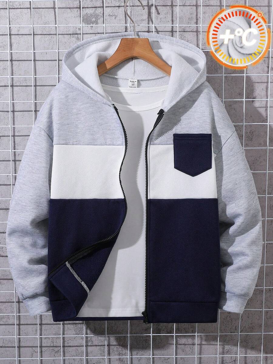 SHEIN 兒童青少年男孩極簡字母印花拉鍊連帽衛衣,柔軟面料,灰色,秋季,返校季 - 彩色 - 查看 1