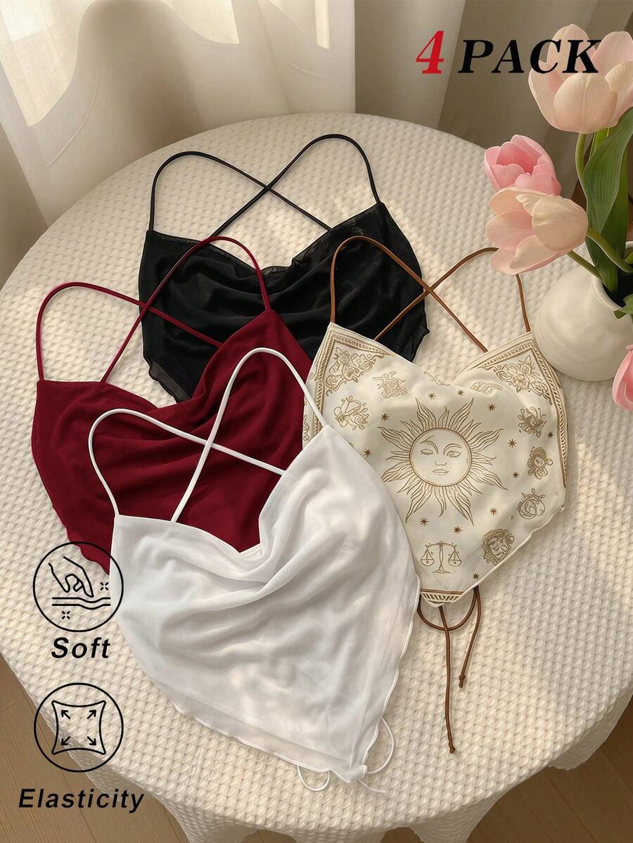 SHEIN MOD 4件組女款細肩帶網紗露背背心，佩斯利新月印花，黑白配色，浪漫性感Y2K風格，適合度假、夜晚外出、節慶 - 酒紅色 - 查看 1