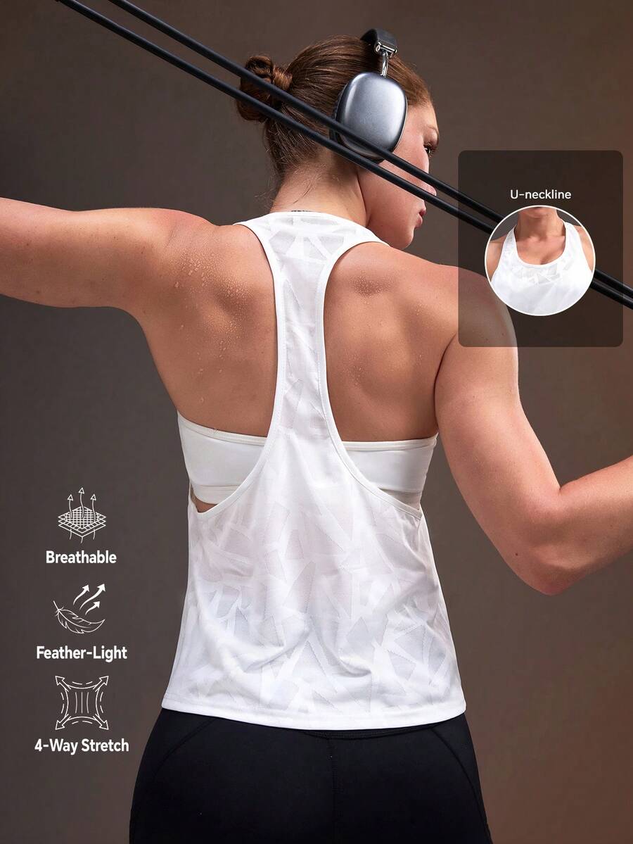 Powerista Women's Summer Gym And Workout Athletic Solid White Color Back Broken Breathable Sports Tank Top– With Texture Fabric