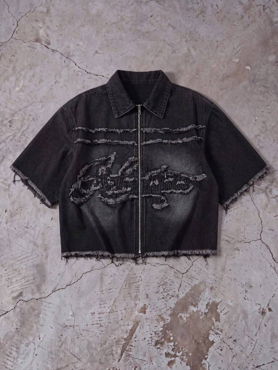 SWAVVY 男士水洗品牌補丁刺繡拉鍊夾克 - 黑色 - 查看 1