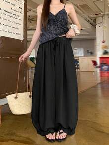 DAZY Solid Color Loose Lantern Pants Cropped Length Casual Vacation Summer Women's Long Pants - Black - View 5