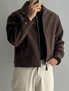 DAZY Spring/Autumn Brown Suede Fabric Short Solid Color Commuter Men's Jacket And Coat - Brown - View 3
