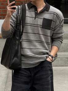 DAZY Spring/Autumn Grey Body Black Striped Jacquard Collar Contrast Color Polo Neck Men's Sweater - Grey - View 7