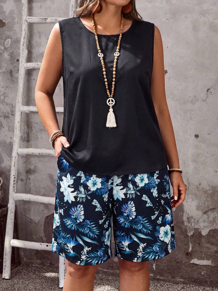 EMERY ROSE 大尺碼女款純色背心與熱帶植物印花口袋短褲休閒海灘度假兩件套 2026秋季時尚 - 彩色 - 查看 1